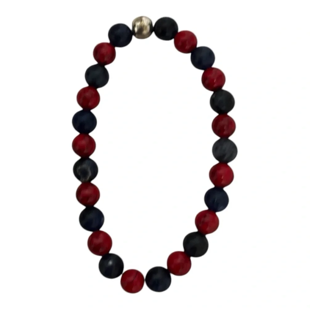 Bead Bracelet with Silver Center Bead Stretch Fits Most Women in Red/Gray/Black